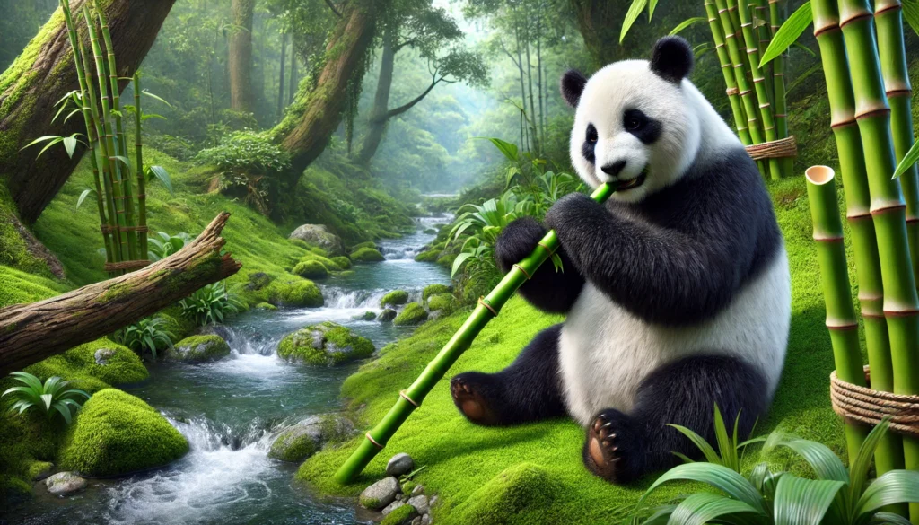 Alimentación del oso panda comiendo bambú